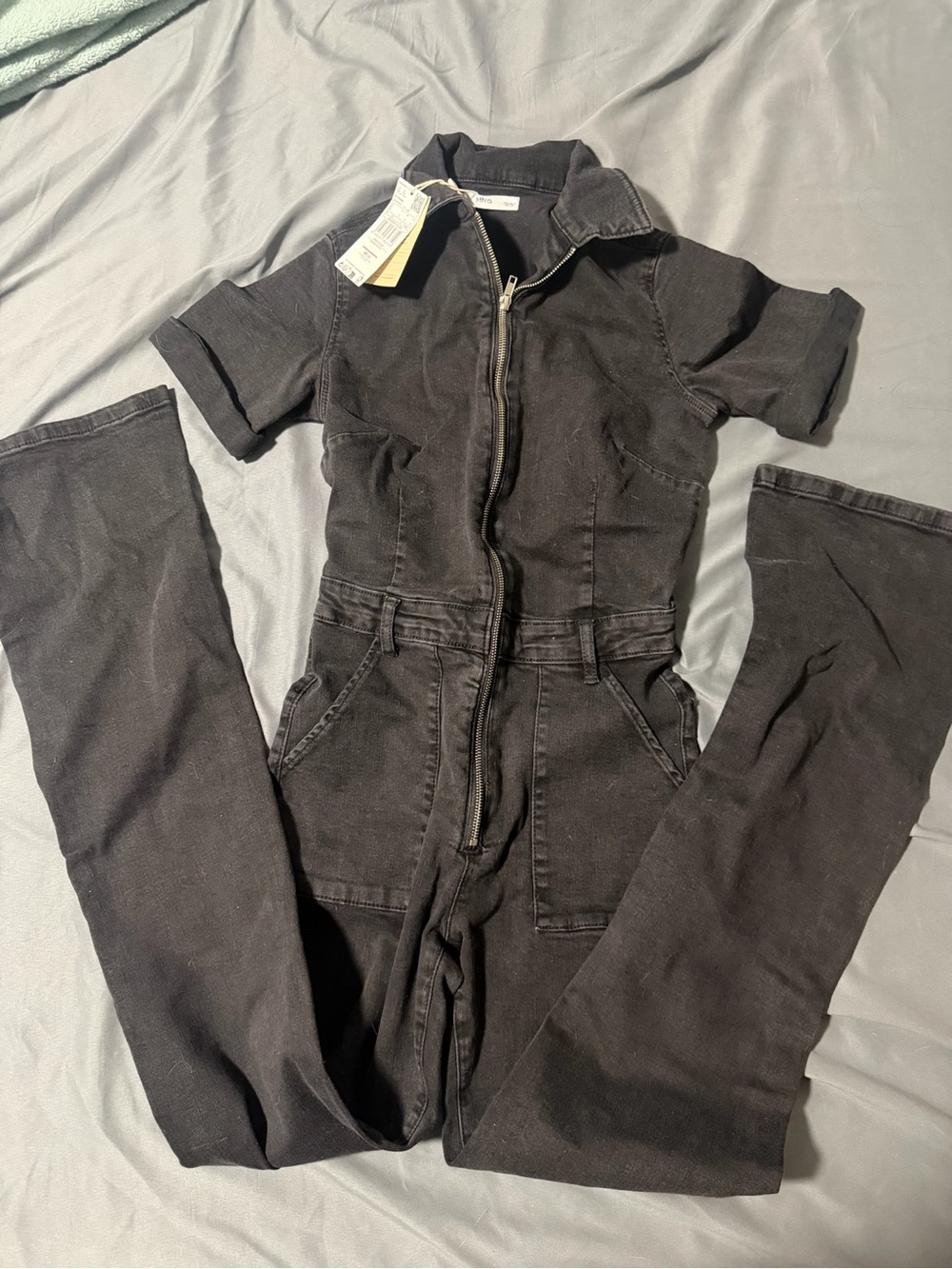 Mango Black Short-Sleeve Utility Jumpsuit with Front Zip